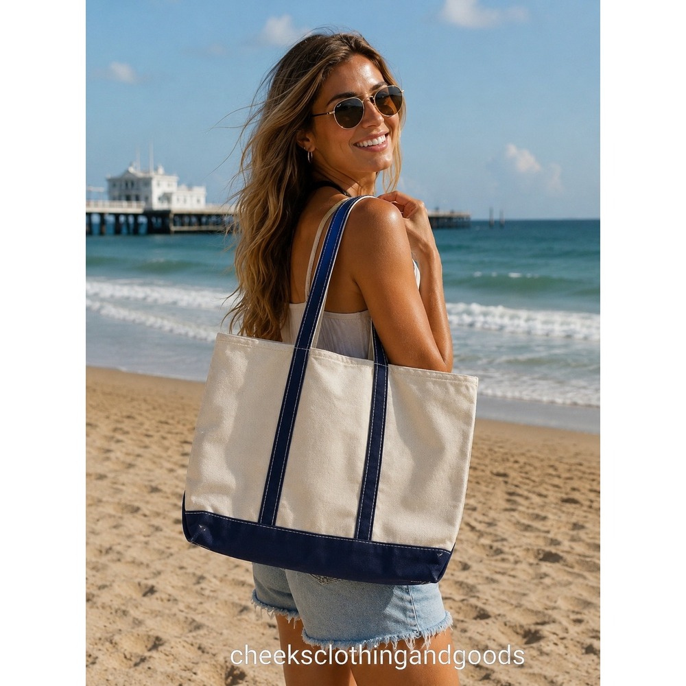 LL Bean Boat and Tote Zip Top Canvas Bag Navy Blue Large Made in USA 112645
